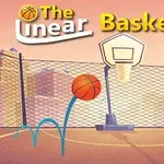 Basketballkurv med bakgrunn av bysilhuett og en basketball i bevegelse