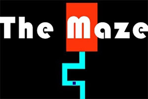 The Maze Game Teksten The Maze er skrevet i hvitt med store bokstaver over en svart bakgrunn, med en rÞd blokk og en blÄ labyrint nedenfor