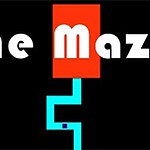 The Maze Game Teksten The Maze er skrevet i hvitt med store bokstaver over en svart bakgrunn, med en rÞd blokk og en blÄ labyrint nedenfor