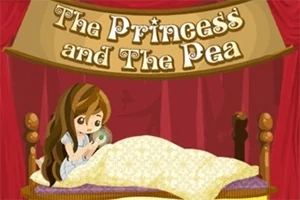 Tegnet jente med langt hår sitter i en seng under et banner med teksten The Princess and The Pea, omgitt av røde gardiner