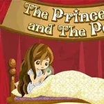 Tegnet jente med langt hår sitter i en seng under et banner med teksten The Princess and The Pea, omgitt av røde gardiner