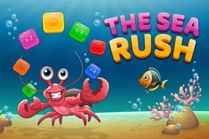 En tegneseriekrabbe med store øyne holder fargerike blokker under vann blant fisk og koraller, med teksten The Sea Rush i bakgrunnen