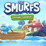 En smurf i en trebåt fisker foran sopphus i et fargerikt landskap