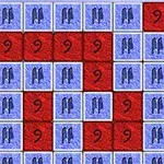 Et rutenett av blå og røde firkanter, hvor de blå har svarte symboler og de røde har tallet ni