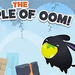 To fargerike figurer, inkludert en lilla med flaggermusører og en svart figur som holder et stort gult objekt, omgitt av blokker og en bueformet struktur med teksten THE TEMPLE OF OOM!