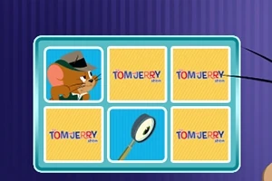 The Tom and Jerry Show: Memory Mischief Fem kort med ulike bilder, inkludert en mus med hatt og forstørrelsesglass, vises i et blått felt
