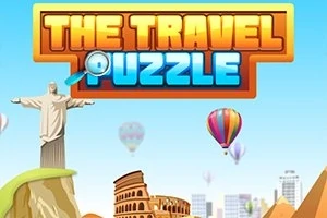 Tittel The Travel Puzzle med Kristusstatuen, Colosseum, varmluftsballonger og silhuetter av skyskrapere