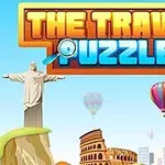 Tittel The Travel Puzzle med Kristusstatuen, Colosseum, varmluftsballonger og silhuetter av skyskrapere