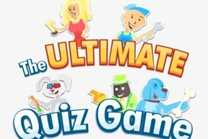 Illustrasjon av karakterer med ulike rekvisitter og teksten The Ultimate Quiz Game