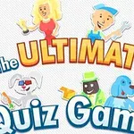 Illustrasjon av karakterer med ulike rekvisitter og teksten The Ultimate Quiz Game