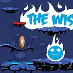 Blå bakgrunn med en animert blå flammefigur, flytende plattformer, en rød piggete kule, en stjerne, og teksten The Wisp i hvitt