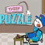 En tegneseriefigur som stjeler nøklene fra en sovende politimann i en kontoraktig setting med teksten Thief Puzzle