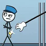 En tegneseriefigur med blå hatt og nøkkel, mens en arm strekker seg gjennom gitteret