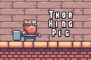 Tegneserieaktig karakter med skjegg, krone, og hammer foran murvegg med teksten Thor King Pig i retro pikselstil