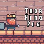 Tegneserieaktig karakter med skjegg, krone, og hammer foran murvegg med teksten Thor King Pig i retro pikselstil