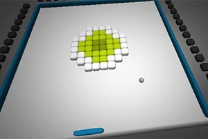 En 3D-illustrasjon med et mønster av grønne og hvite blokker i midten, en ball og en blå rektangel nederst på et flatt grått felt