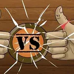 To tomler, hver med ulik farget tøybit, peker mot hverandre over en oransje sirkel med teksten VS og omgitt av sprekker