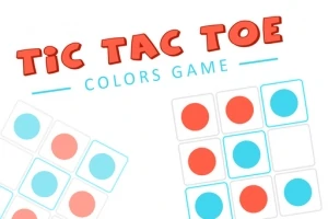 Skjermbilde av et rutenett med røde og blå sirkler, og teksten Tic Tac Toe Colors Game i bakgrunnen