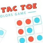 Skjermbilde av et rutenett med røde og blå sirkler, og teksten Tic Tac Toe Colors Game i bakgrunnen