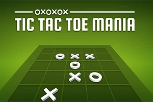 Grønt tic-tac-toe brett med hvite X- og O-brikker og teksten Tic Tac Toe Mania øverst