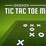Grønt tic-tac-toe brett med hvite X- og O-brikker og teksten Tic Tac Toe Mania øverst