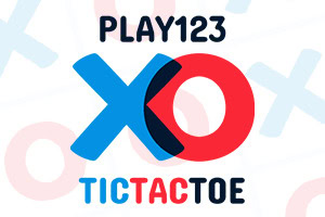 Logo med teksten «PLAY123» over stiliserte blå og røde XO-symboler og «TICTACTOE» under på lys bakgrunn