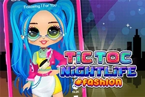 Fargerik tegnet figur med blått hår og solbriller foran en bysilhuett, med teksten Tic Toc Nightlife #Fashion ved siden av