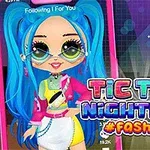 Fargerik tegnet figur med blått hår og solbriller foran en bysilhuett, med teksten Tic Toc Nightlife #Fashion ved siden av