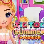 En tegneseriefigur med blondt hår og store øyne iført sommerklær, omgitt av fargerike elementer og teksten Tic Toc Summer #Fashion