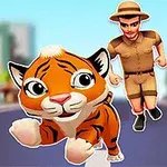 En tegnet tigerunge løper på en vei med en mann i safari-antrekk som følger etter