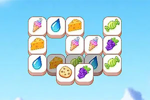 Flytende brikker med ikoner av ost, dråper, druer, salat og lilla drikker mot en blå himmel med skyer