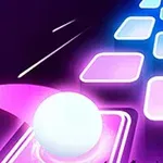 En lysende ball ruller på en sti med opplyste rektangler i neonfarger mot en futuristisk bakgrunn