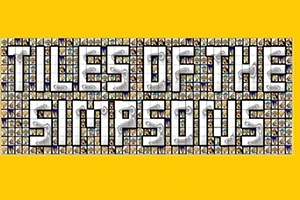 Stor tekst som sier Tiles of the Simpsons mot en collage av små bilder på gul bakgrunn