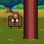 En pixelert figur med skjegg og hatt svinger en øks ved siden av et tre i en fargerik skog
