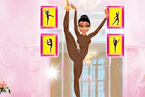 Bilde av en person i brun drakt som gjør en ballettposisjon foran fire innrammede silhuetter på en rosa bakgrunn