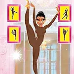 Bilde av en person i brun drakt som gjør en ballettposisjon foran fire innrammede silhuetter på en rosa bakgrunn