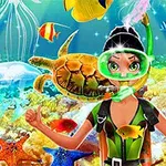 En dykker iført snorkel og maske, omringet av fargerike fisker, en skilpadde og sjøstjerner, med en strålende havbunn i bakgrunnen