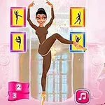En animert kvinne i ballettdrakt danser foran et vindu med fargerike ikoner rundt seg