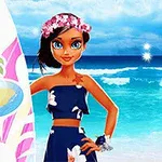 Tegnet jente med surfebrett på en strand, ikledd en blå topper og skjørt med blomsterkrans på hodet