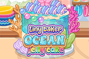 Fargerik illustrert gelékake med havtema, skjell, koraller og teksten «tiny baker ocean jelly cake»