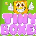 Tegneserieaktig oransje firkant med et stort smil og tomler opp over teksten Tiny Boxes i lilla på grønn bakgrunn
