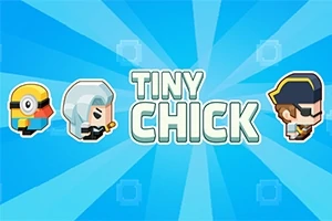 Tegneseriefigurer til venstre og høyre for teksten TINY CHICK på en blåstrålet bakgrunn