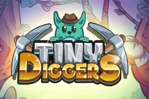 Grønn tegneserieaktig skapning med hatt holder to pigger, bak teksten Tiny Diggers mot en fargerik bakgrunn med trær