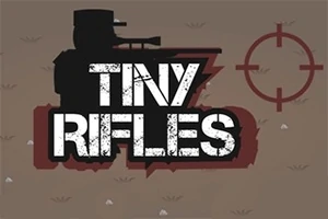 Silhuett av en soldat med et gevær ved siden av teksten Tiny Rifles på en brun bakgrunn med krysshår