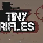 Silhuett av en soldat med et gevær ved siden av teksten Tiny Rifles på en brun bakgrunn med krysshår