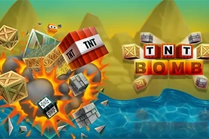 Trebokser og sprengstoff med TNT-merking eksploderer ved siden av en vannmasse med fjell i bakgrunnen