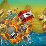 Trebokser og sprengstoff med TNT-merking eksploderer ved siden av en vannmasse med fjell i bakgrunnen