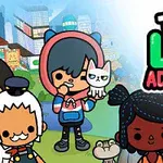 Fargerik illustrasjon av tre animerte karakterer i en bymiljø med en katt, samt teksten Toca Life Adventure i sterke farger