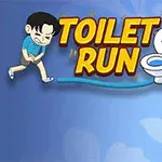 En tegneseriefigur som holder seg foran mens han løper mot et toalett, med teksten TOILET RUN ved siden av