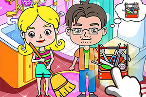 Tegnet scene med en blond jente med kost og en gutt med briller som ser bekymret ut ved en rotete kommode, med en håndpeker og en tankeboble med ryddig skuff